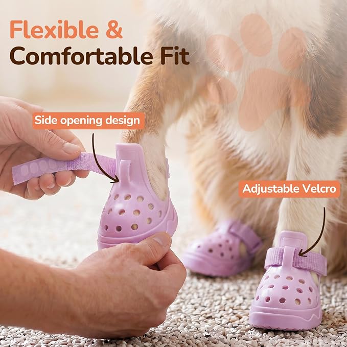 Soft Dog Shoes for Hot Pavement, Breathable Vented Dog Boots, Pink, Size 5 | 4 Pack, Soft Rubber Material, Lightweight, Anti-Slip Soles, Reflective Strap, Wide Opening, Summer Walks, Medium & Large Dogs