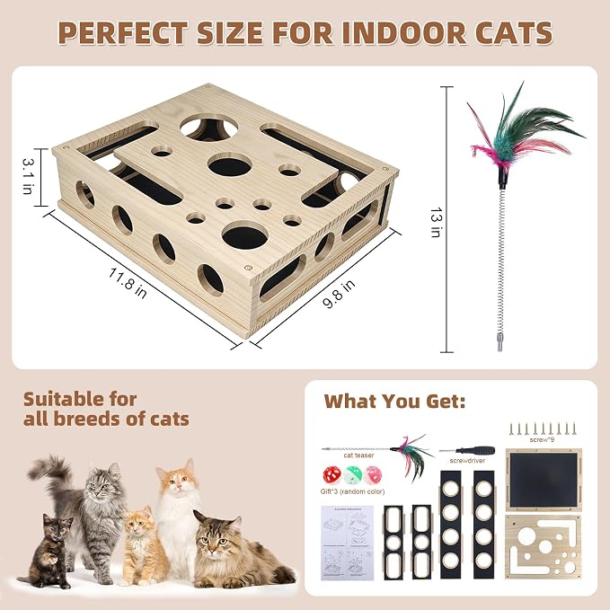 Cat Scratch Puzzle Enrichment Box, Interactive Cat Nail File Scratcher with Sandpaper, 3 Bell Balls & Detachable Teaser Wand, Stress‑Free Nail Care Toy for Indoor Cats, Scratchers that Trim Nails
