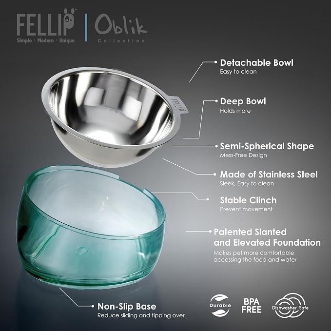 Felli Oblik 15° Tilted Small Animal Bowls for Pet Food & Water 6 oz Stainless Steel Dish Removable, Slanted Metal Plate Feeder for Kitten Puppy Rabbit Bunny Guinchilla Pig (0.75 Cups, Classic)