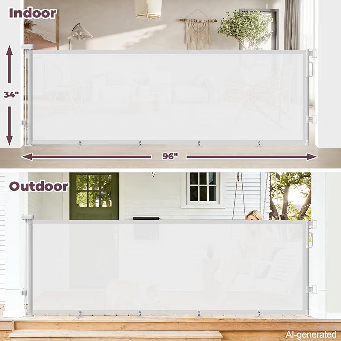 96" Retractable Baby Gate, Long Mesh Dog Gate for Garage Deck Porch | Strong Suction Disc Prevent Crawling Under, 34" Tall Child Safety Gate for Large Openings, Indoor Outdoor Use, White
