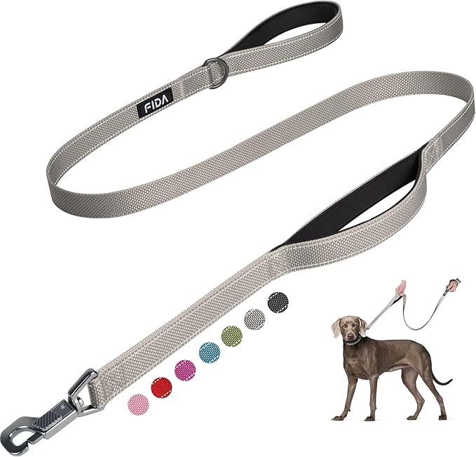 Fida 4 FT Heavy Duty Dog Leash with 2 Comfortable Padded Handles, Traffic Handle & Advanced Easy Snap Hook, Reflective Walking Lead for Large, Medium & Small Breed Dogs, Grey