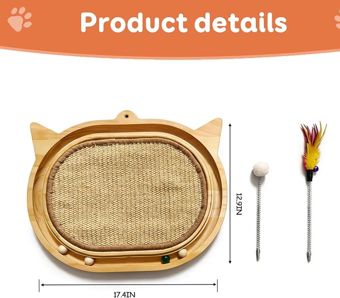 Sisal Cat Scratcher Toy with Ball Track Feather and Ball, Wooden Interactive Toy for Indoor Cats, Scratch Pad,Kitten Toys for Chasing Hunting Physical Exercise