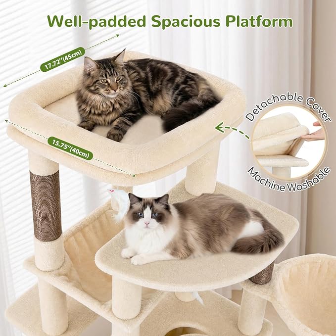 Globlazer S51 Sturdy Cat Tree for Indoor Large Cats, Beige | 51in Cat Tower with 4 Scratching Posts, Large Cat Tree with hammock for Cats Large Adult, Hanging Baskets, Top Perch