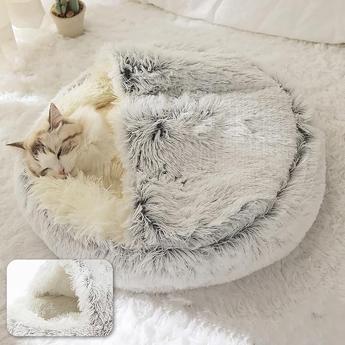 ShinHye Plush Fluffy Hooded Cat Bed Cave, Cozy for Indoor Cats or Small Dogs - Waterproof, Washable, 26x26Inch, Grey