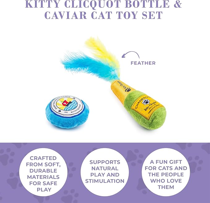 Haute Diggity Kitty Clicquot Bottle + Caviar Set, Soft Plush Cat Toys | 2 Pack Catnip Toys with Interactive Crackle & Feathers, Safe & Durable Cat Nip Kicker Toy for Outdoor & Indoor Cats & Kitten