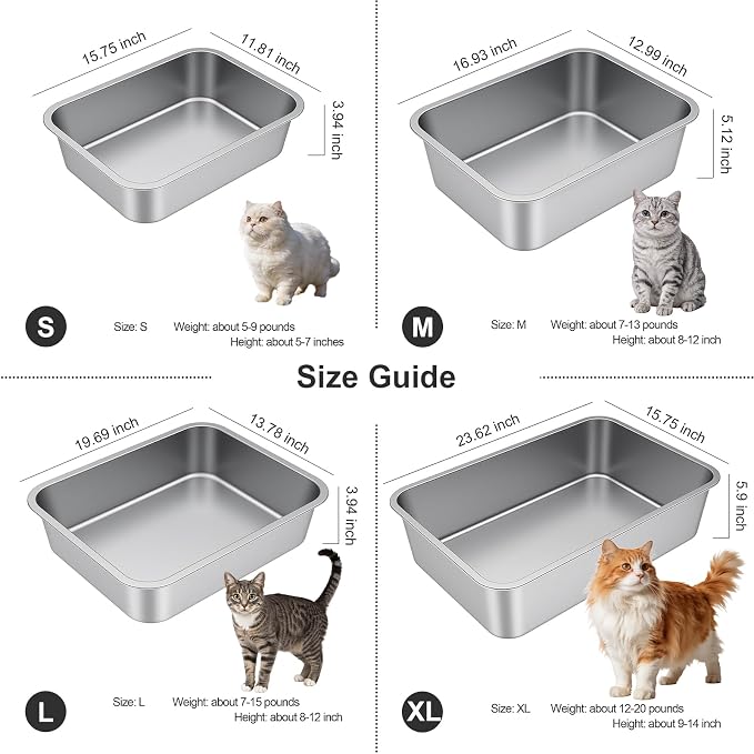 Stainless Steel High Sided Cat Litter Box | Sturdy Metal, Odor-free, Cat Litter Non-stick and Easy to Clean, Ideal for Indoor Cats, Kittens and Multicat Houses