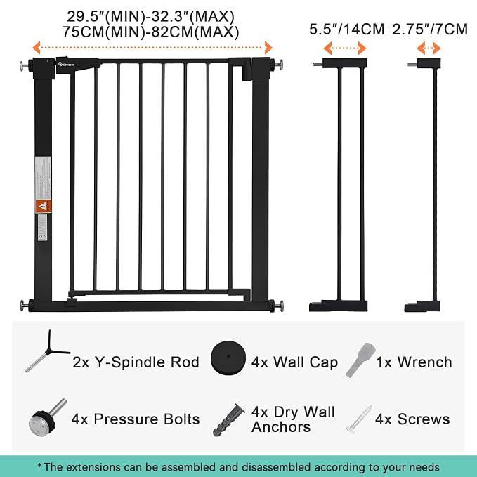 COMOMY 30" Tall Baby Gate for Stairs Doorways, Fits 29.5" to 40.5" Openings | Auto Close Extra Wide Dog Gate for House, Pressure Mounted Easy Walk Through Pet Gate with Door, Black