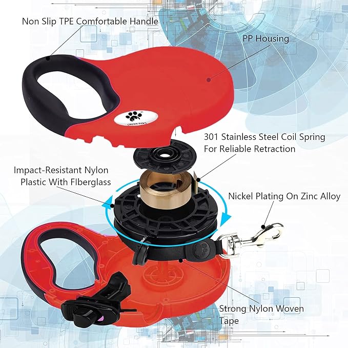 16 ft Retractable Dog Leash for Large Dogs up to 44 lbs,Tangle-Free Nylon Tape,Red M