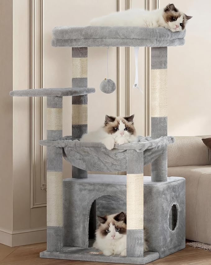 Heybly Cat Tree, Kitten Tower with Large Soft Cat Basket HCT008SW | Cat Condo with Spacious Cat Bed Cave with Hidden Space, Sisal Scratching Posts, Dangling Ball for Indoor Cats, Light Gray