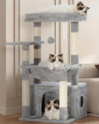 Heybly Cat Tree, Kitten Tower with Large Soft Cat Basket HCT008SW | Cat Condo with Spacious Cat Bed Cave with Hidden Space, Sisal Scratching Posts, Dangling Ball for Indoor Cats, Light Gray