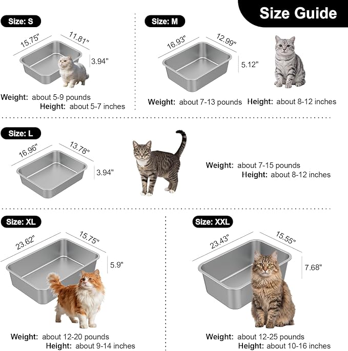 XX-Large High Sided Stainless Steel Cat Litter Box | Sturdy Metal, Odor-free, Cat Litter Non-stick and Easy to Clean, Ideal for Indoor Cats, Kittens and Multicat Houses