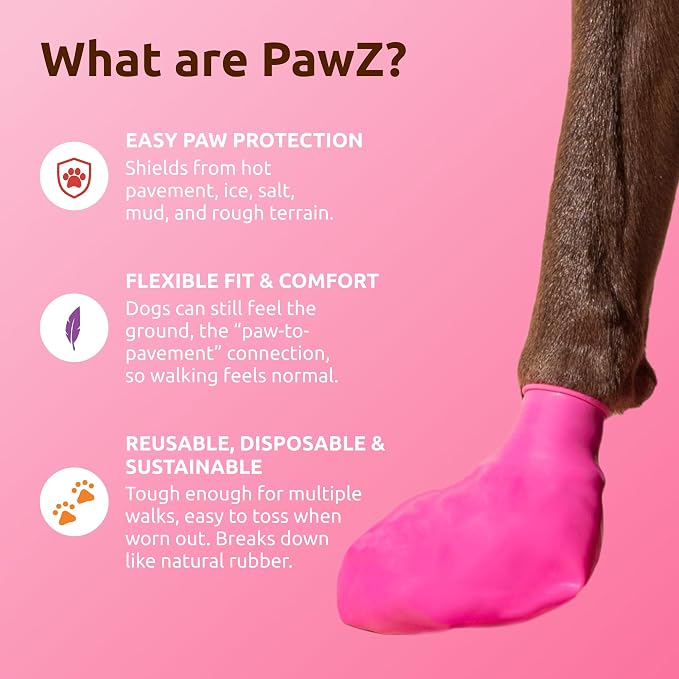 PawZ Rubber Dog Boots for Small Paws - All-Weather Waterproof Dog Shoes, Anti-Slip Traction for Rain, Snow, Mud & Hot Pavement - Pull-On Dog Booties, Pink - X-Small (1.5"-2") - Pack of 24