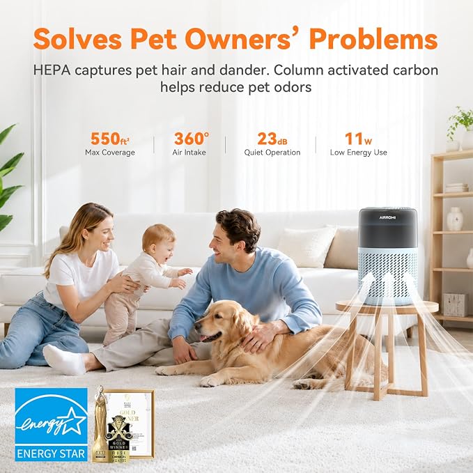 AIRROMI HEPA Air Purifier for Bedroom&Home,Pet Air Purifier for Home Pets,Removes Pet Odor,Cat Litter Smell,Dust,Smoke&Allergies,Quiet Room Air Purifier with Scents,360°Air Cleaner,A2005 Blue