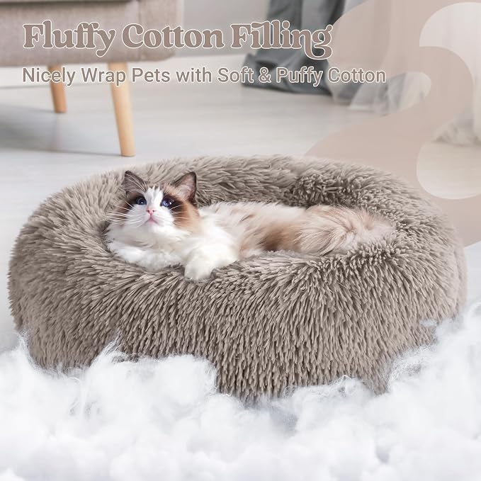 rabbitgoo Calming Cat Beds for Indoor Cats, 20 inches, Khaki | Soft Warm Donut, Fluffy Faux Fur, Supportive Raised Rim, Anti-slip, Machine Washable, Up to 15lbs Kittens & Small Cats