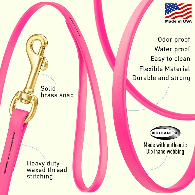 Viper Biothane K9 Working Dog Leash Waterproof Lead for Tracking Training Schutzhund Odor-Proof Long Line with Solid Brass Snap for Puppy Medium and Large Dogs, 20ft Passionfruit Pink