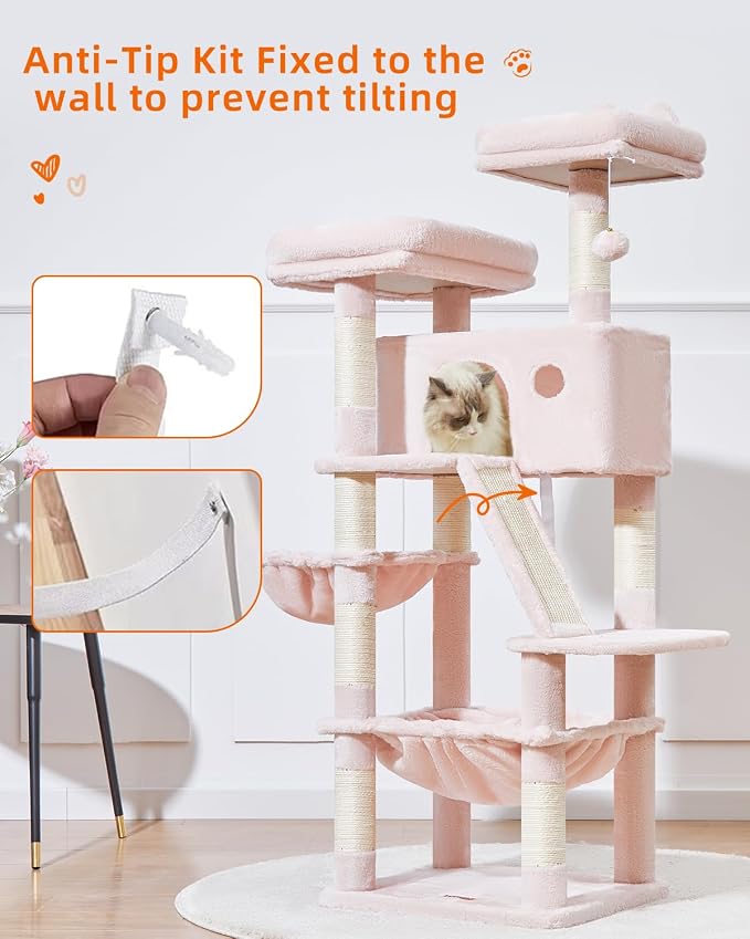 Taoqimiao Sturdy Cat Tree, 58In Cat Tower for Indoor Cats Large Adult | Spacious Cat Condo, 2 Cute Perches, Metal Frame Cozy Hammock, 1 Scratch Board, 8 Natural Sisal Posts, Basket, Pink, MS026P