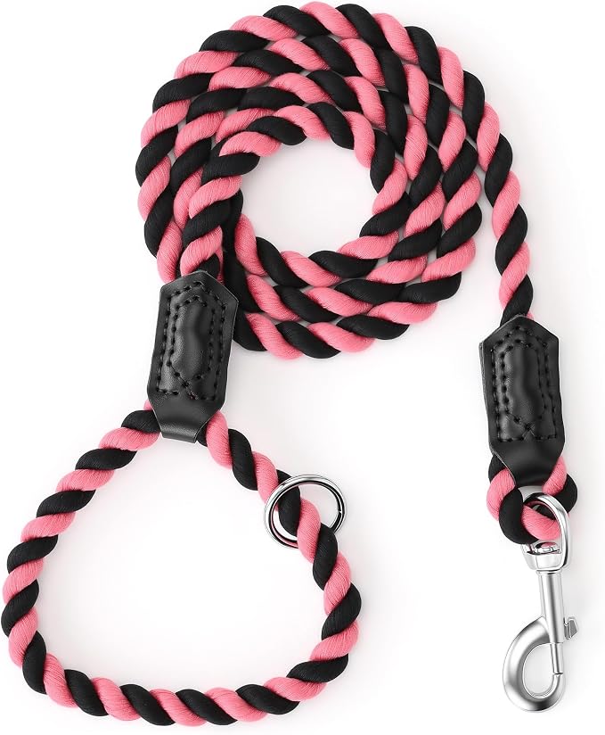Mile High Life Rainbow Dog Leash Braided Cotton Rope w Leather-Wrapped Ends | Rust-proof 360° swivel clasp, Heavy-duty for medium/large breeds. Great for weddings, daily walks (5FT, 1/2", Black/Pink)