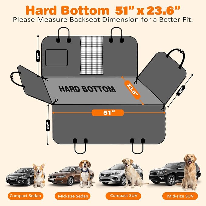 URPOWER Hard Bottom Dog Car Seat Cover for Back Seat, Waterproof Hammock | 400 lbs Support, 45% More Space, PU Leather, Waterproof, Scratch Resistant, Non-Slip, Mesh Window, Dog Seat Belt Included