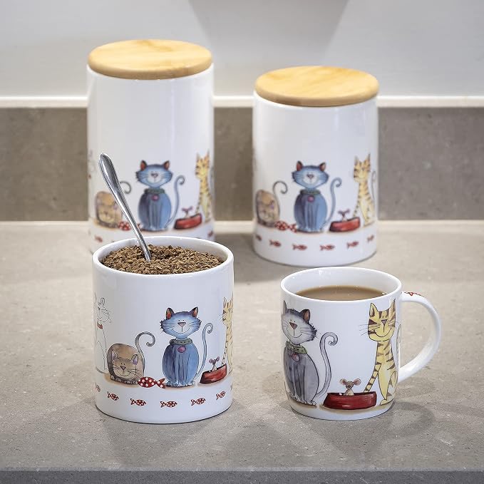SPOTTED DOG GIFT COMPANY Canisters Sets for the Kitchen Countertop, 3-Piece Airtight Ceramic Food Storage Containers with Lids for Coffee Tea Sugar, Gifts for People Who Love Cats
