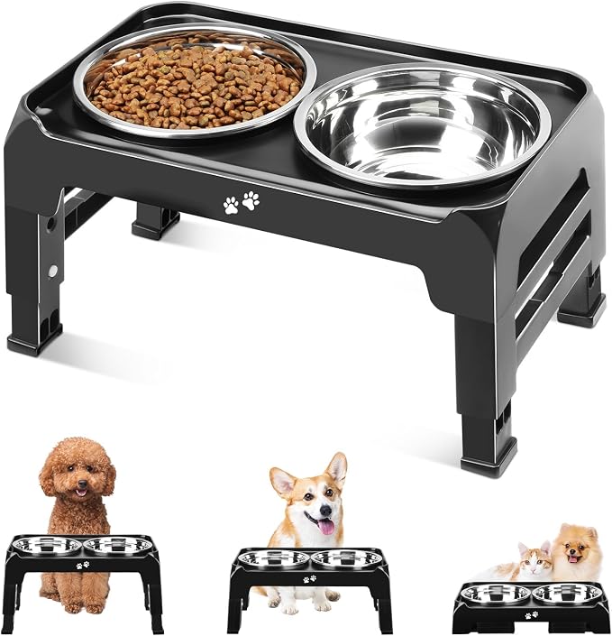COMESOON Elevated Dog Bowls for Small Medium Dogs, 3 Height Adjustable Raised Stand with 2 Thick 6" Stainless Steel Food Bowls, Non-Slip Feeder Adjusts to 2.75", 6", 7.5", Black