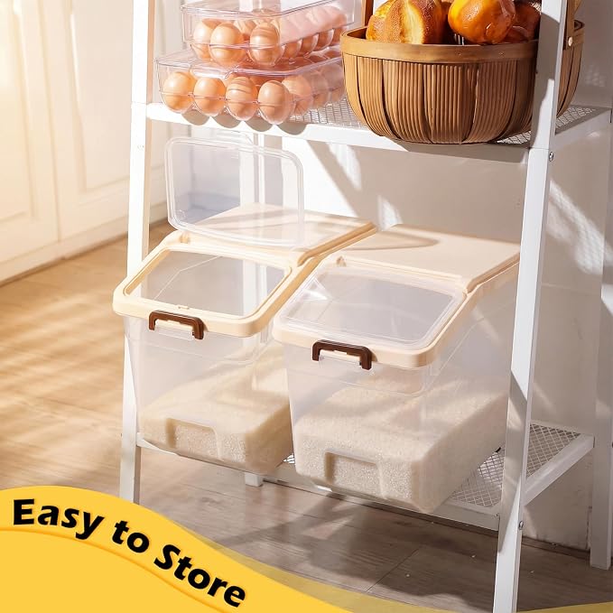 4 Pcs Rice Storage Containers Bulk Flour Sugar Container Wheels Measuring Cups Set Airtight Pet Dog Cat Birds Food Bin Grain Cereal Organizer Box for Dry Baking (Beige,38 lb)