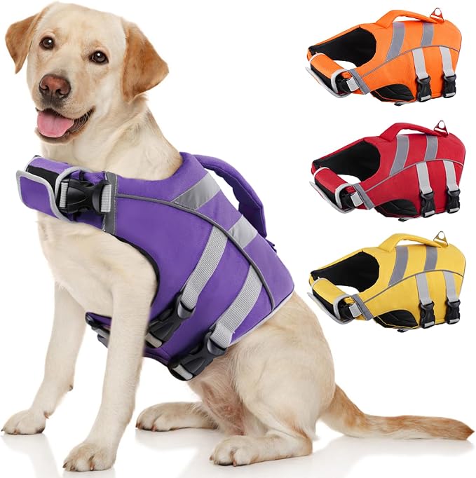 Kuoser Reflective Dog Life Jacket, Dog Life Vest for Swimming Boating | Adjustable Pet Lifejackets, High Flotation Doggie Swimsuit with Rescue Handle for Small Medium Large Dogs