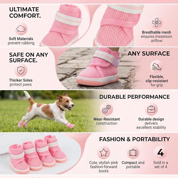 Mesh Dog Shoes Breathable Lightweight Wearproof Slip Resistant Cute Fashion Puppy Boots for Summer, Soft Mesh Rubber Sole for Hot Pavement Protection Indoor Floor