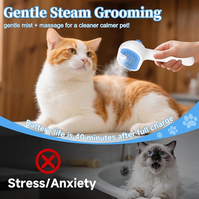 Pet Steam Brush for Dogs & Cats, 3-in-1 Shedding Grooming Tool | Self Cleaning Spray Comb with Mist, Dog Brush for Shedding, Cat Brush for Hair Removal, Long Haired Pets