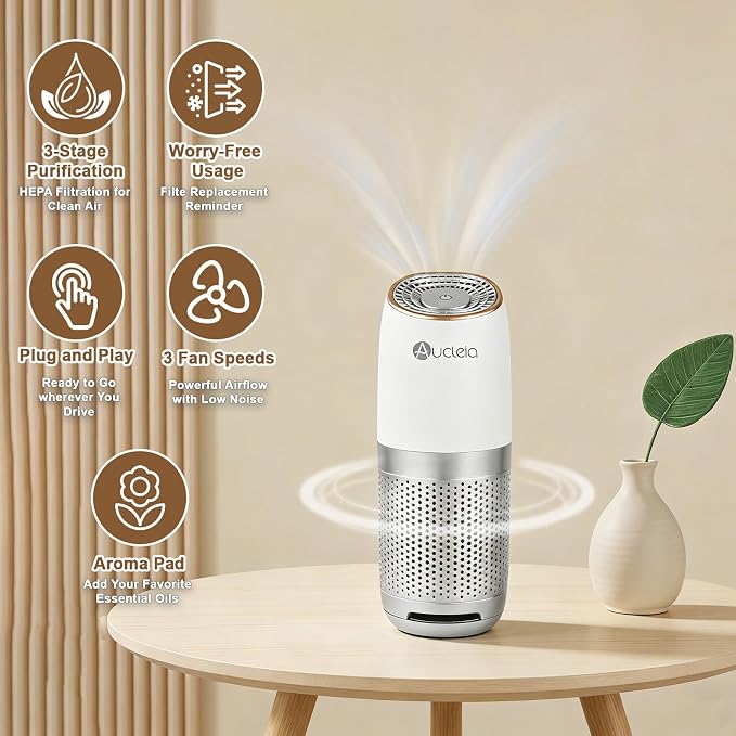 Aucleia Mini Portable Air Purifier for Car Office Travel, White Gray | Compact Air Purifier With Aromatherapy Function, Usb Powered Mini Usb Air Purifier Removes Pet Odor, Smoke, Dust And Pollen