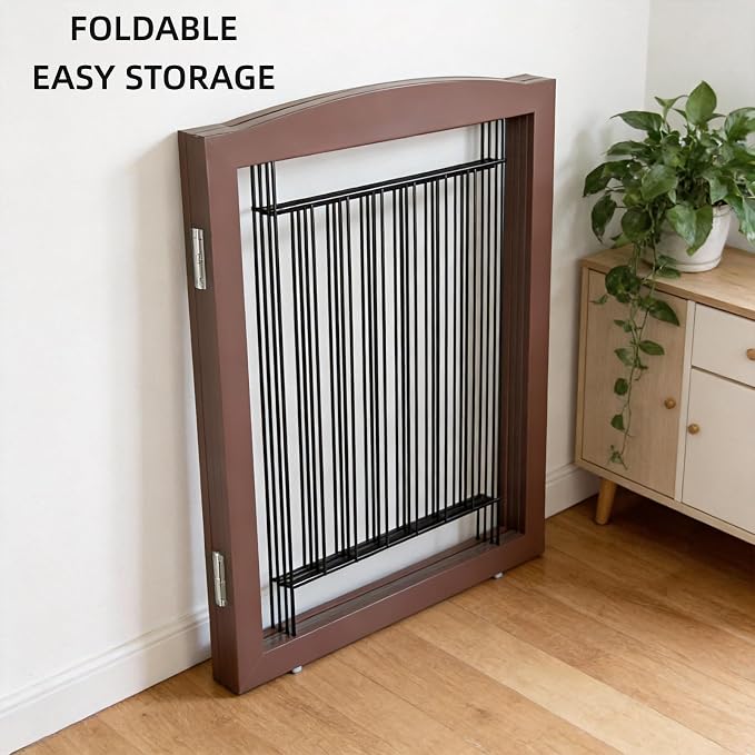 ZJSF Freestanding Dog Fence Indoor, Foldable Dog Gate for Doorways, Stairs or Hallways, Sturdy Wood Extra Wide Pet Gate with Support Feet for The House, Brown, 32 "Height-3 Panels