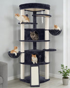 Gitelsnour Corner Cat Tree, All Sisal Multi-Cat Scratching Posts GCT035G | 63.8" Cat Tower for Indoor Cats with Cat Condo, 2 Large Cat Caves, Big Top Perch, 2 Hanging Baskets & Sisal Ramp, Drak Gray