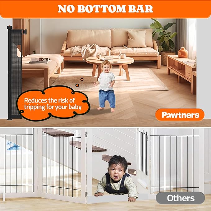 Pawtners Retractable Baby Gates Extra Wide, Dog Gate Indoor for Stairs, Pet Gate with Support Rods for Doorways Hallways Indoor & Outdoor,51" Tall x 200" Wide