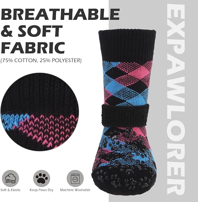 EXPAWLORER Dog Socks for Hot Pavement Summer to Prevent Licking Paws, Anti Slip Doggie Booties Grippy Shoes for Hardwood Floors, Boots & Paw Protectors for Small Medium Large Senior Dogs Pink Blue XS