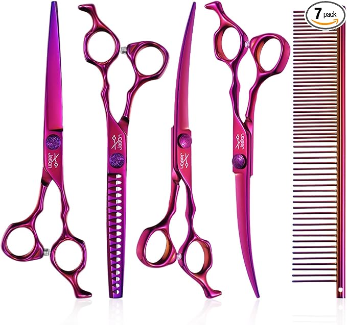 JASON Dog Grooming Scissors Set - 7" Professional 6 in 1 Shears for Cat Pet | 7" Chunker, 7" Straight, 7" Up-Curved, 7" Down-curved Scissor and Comb, with Adjustable Screw, Gift