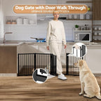SNUOWU Full Metal Freestanding Dog Gate with Door, 24'' Height Foldable Pet Dog Fence for Indoor & Outdoor, 4 Panels Extra Wide Free Standing SmallDog Gates for Doorways,House,Stairs,Porch,Deck,Yard