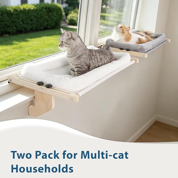 Cat Sill Window Perch - 100% Natural Pine Frame, Soft Plush Fleece Cushion, Tool-Free Adjustment, Supports 55 lbs (Extra Large-Grey)