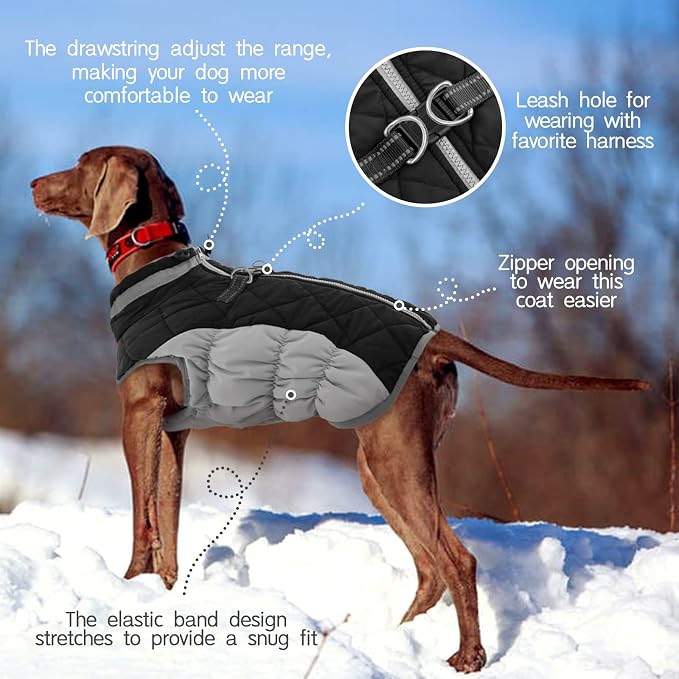 FUAMEY Dog Coat for Large Dogs, Fleece Dog Winter Jacket with Harness | Puppy Cold Weather Coats Reflective Pet Puffer Vest with Zipper Water-Resistant Warm Dogs Snowsuit Windproof Black L