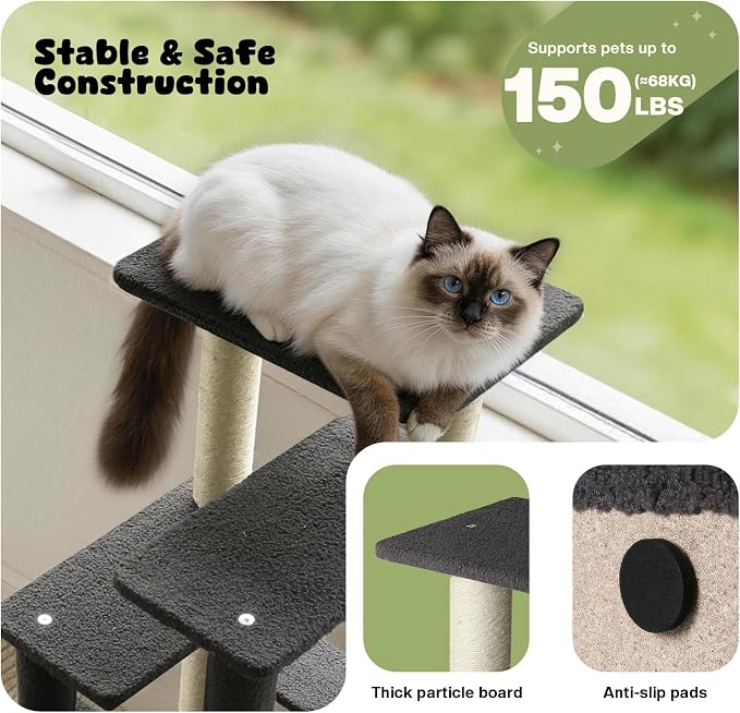 5-Step Pet Steps for Cats/Dogs, Cat Stairs with Sisal Scratching Post, Cat Steps for Older Cats with Enlarge Perch, Pet Stairs for High Bed and Couch, Gray