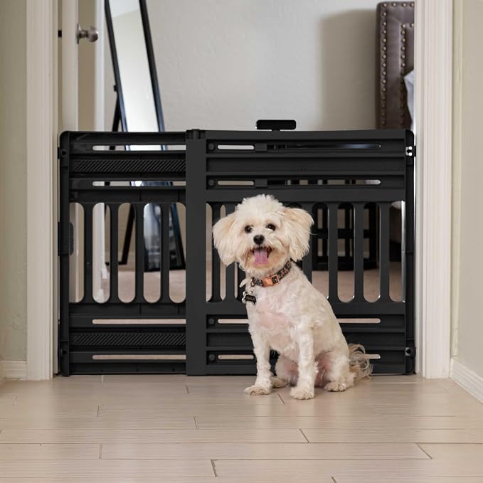 IRIS USA Pet Gate, Adjustable Width, Black | Room Separation, Walk-Through Design, Swing-Open Door, Hands-Free Operation, No Drilling Needed, One-Hand Open