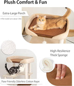 Cat Tree for Large Cats, Modern Senior Friendly Cat Tower with Wide Shelves, Cotton Scratching Posts, Super Sturdy Base, Cozy Perches, and Interactive Toys for Indoor Kittens, 37.4'' Cream.