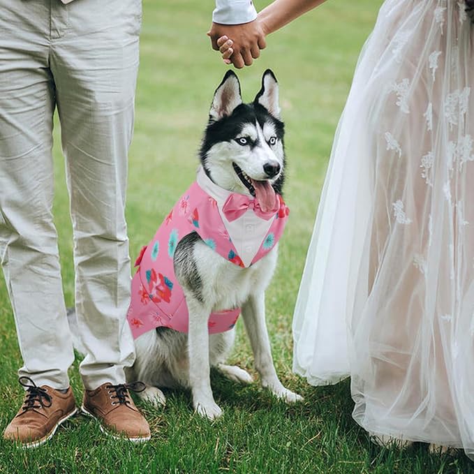 Kuoser Dog Tuxedo, Dog Suit and Bandana Set, Dogs Costume with D-Ring | Formal Dog Outfit with Detachable Bowtie Collar for Wedding, Birthday, Party, Christmas, Halloween, Pink Flower 2XL