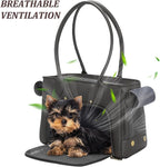 Minsong Fashion Pet Carrier Purse for Small Cat and Dog, Luxury Pu Soft-Sided Tote Bag with Large Pockets for Dogs and Puppies (Black, 13.6" L x 6" W x 10.0" H)
