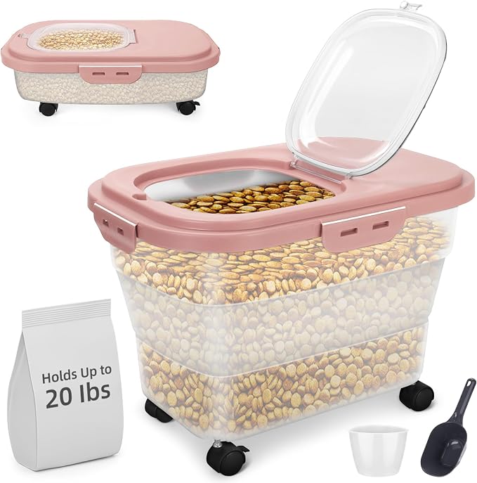 Airtight Pet Food Container, Collapsible Dog Food Storage Container 17-20 lb with Castors, Plastic Dog Food Bin with Pet Food Scoop & Measuring Cup for Dry Food Storage(red)