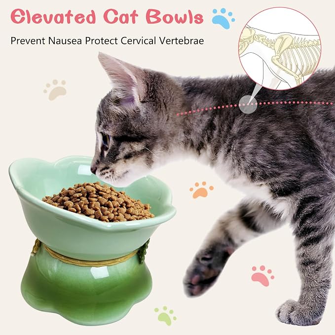Kathson 4 Pcs Ceramic Raised Cat Food Bowls Elevated Kitty Bowl for Food and Water Anti Vomiting Tilted Cat Bowl for Kittens and Small Dogs Dishwasher and Microwave Safe (8.45 Ounces)