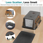 TENTIZON Stainless Steel Cat Litter Box with Lid, Large Covered Enclosed Kitty Litterbox with Hood, Flip Top, High Side, Litter Mat, Scoop for Big Cats, Kitten, No Odor, No Mess, Easy Clean, Black