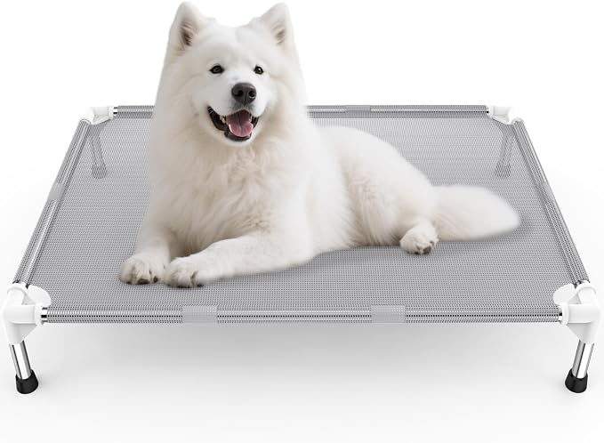 Elevated Dog Bed with Teslin Cooling Fabric - Dog Cot for Large Dogs | 0.5mm Heavy-Duty Stainless Steel Frame, Waterproof & Washable Mesh, Indoor & Outdoor Use, Anti-Slip Feet, Easy Clean