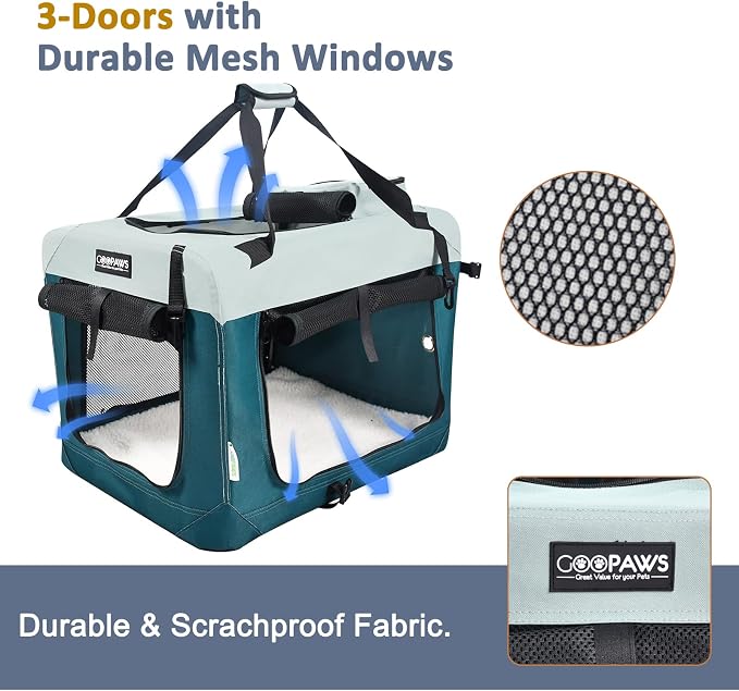 JESPET Soft Dog Crates Kennel for Pets, 3 Door Soft Sided Folding Travel Pet Carrier with Straps and Fleece Mat for Dogs, Cats (8-Teal Blue, Large(30" L x 21" W x 23" H))