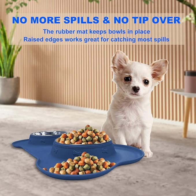 AsFrost Dog Food Bowls Stainless Steel Dog Food and Water Bowl Set, Dog Bowls No Spill Non Slip Silicone Mat, Dog Dishes for Small Medium Size Dogs Cat Puppy Pet Food Feeding Bowls, Blue, 12oz
