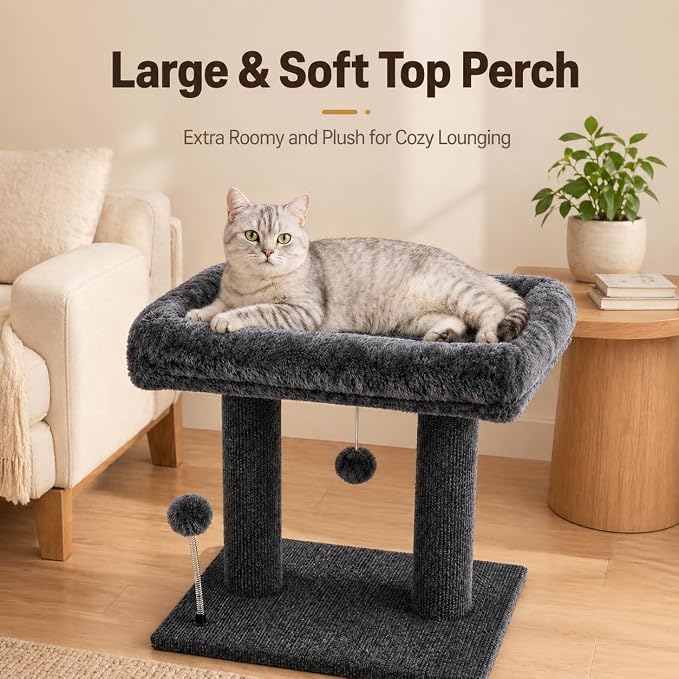 Small Cat Tree with Large Top Perch for Indoor Cats, Grey | Carpeted Scratching Post | Soft Plush Bed | Furniture Protecter | Small Cat Tower | Replacement Toy Balls | Space-Saving