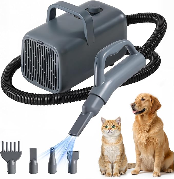 NEWBULIG Dog Hair Dryer with Heater for Grooming, Grey | 1550W High Velocity Speed Temperature Adjustable Pet Blow Dryer with 4 Nozzles